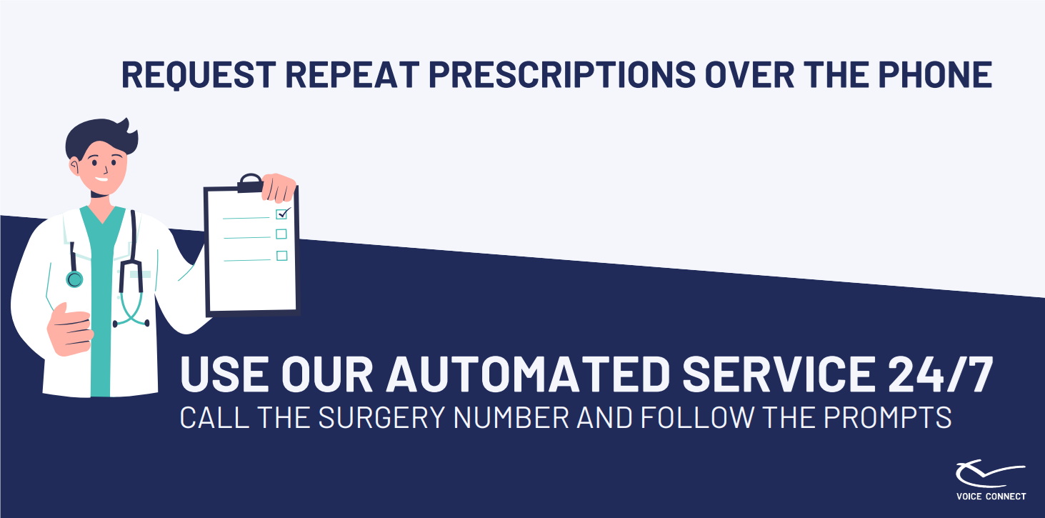Request repeat prescriptions over the phone. Use our automated service 24/7. Call the surgery number and follow the prompts.